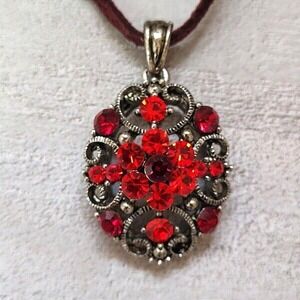 Vintage-Style 1-1/2" Red Crystal Pendant on 18" Brown Leather‎ Cord Necklace